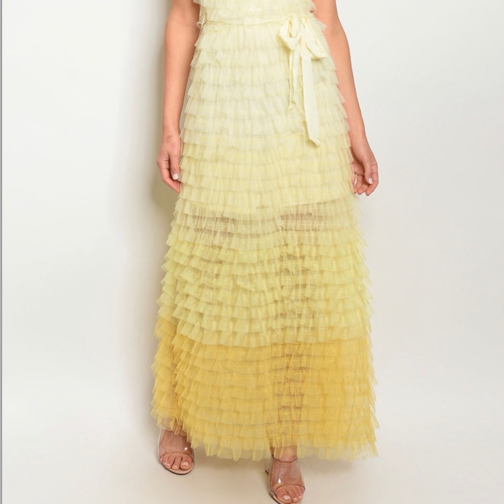 Brand New Strapless Yellow Tulle Ruffle Maxi Dress - Picture 3 of 7